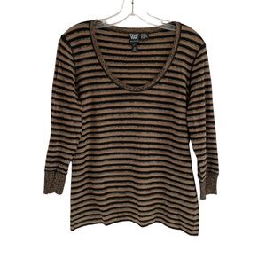 Worth New York Lightweight Sweater Black Brown Metallic Stripes Size Large